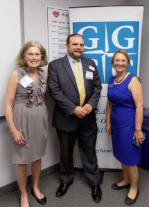 (l:r) Joan Ronnenberg, Director of Development and Communication, Mercy Health Clinic; Mark Foraker, Executive Director, Mercy Health Clinic; and Marilyn Balcombe, Executive Director, Gaithersburg-Germantown Chamber at the Chamber’s Business Networking Before Nine mixer on June 13, 2017 at Mercy Health Clinic in Gaithersburg.