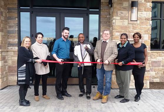 (l:r) Terri Jefferson, Sales Director, Firebirds Wood Fired Grill; Cheetah Daoudi, Manager, Firebirds Wood Fired Grill; Sean Rizzuto, Bar Manager, Firebirds Wood Fired Grill; Cornell Barnett, Regional Manager, Firebirds Wood Fired Grill; Jud Ashman, Mayor, City of Gaithersburg; Colette Releford, Regional Sales Manager, On-Site.com; and Amber Edmond, Server, Firebirds Wood Fired Grill at the Gaithersburg-Germantown Chamber conducted Ribbon Cutting Ceremony for Firebirds Wood Fired Grill on January 27, 2017. (photo credit: Laura Rowles, GGCC Director of Events & Marketing) 