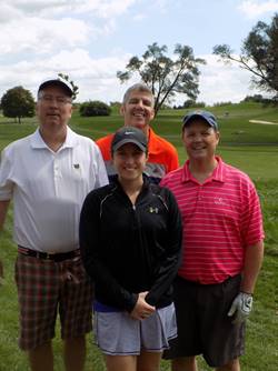 (l:r) FORE! Jim Sculley, Brittany Hilton, Adam Cox & Mike Stabler of Hughes Network Systems, LLC had a combined score of 67 at the 27th Annual Gaithersburg-Germantown Chamber of Commerce Business Golf Classic at Worthington Manor Golf Club on September 8, 2017. (photo credit: Laura Rowles, GGCC Director of Events & Marketing)