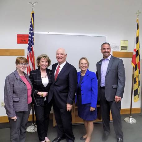 (l:r) Ginanne Italiano, President, The Greater Bethesda Chamber of Commerce; Gigi Godwin, President, Montgomery County Chamber of Commerce; Ben Cardin, U.S. State Senator; Marilyn Balcombe, President, Gaithersburg-Germantown Chamber of Commerce; and Larry Finkelberg, Chairman of the Board, Rockville Chamber of Commerce at the Senator’s Small Business Town Hall at John Hopkins University Montgomery County Campus on August 31, 2017. (photo credit: Laura Rowles, GGCC Director of Events & Marketing)