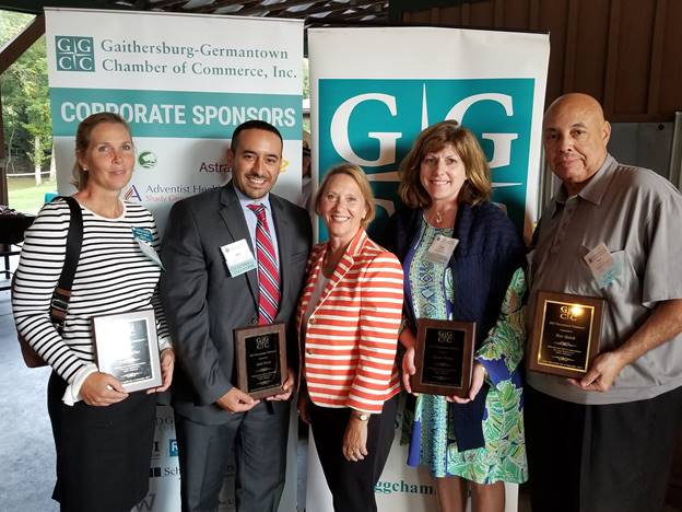 (l:r) Trina LaPier, St. Martin's of Tours; Abdi Russi, BB&T; Marilyn Balcombe, Gaithersburg-Germantown Chamber of Commerce Executive Director; Susan Pendy, Ruth’s Chris Steakhouse; and Roy Quick, Primerica, receive Exceptional Volunteer awards at the GGCC Annual Membership & Volunteer Picnic on September 12, 2017. (Photo credit – Laura Rowles, GGCC Director of Events & Marketing)