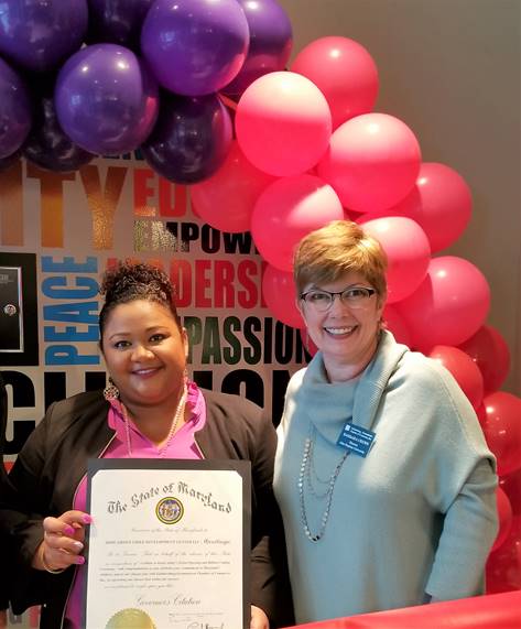 (l:r) Salema Horn, Owner, Hope Grows Child Development Center LLC and Barbara Crews, Assistant Executive Director, Community Relations, Johns Hopkins University and GGCC Board Member at the Grand Opening of Hope Grows Child Development Center in Germantown. This is Horn’s second location. At Hope Grows children constantly learn all the needed skills to grow & blossom. (photo credit: Laura Rowles, GGCC Director of Events & Marketing)