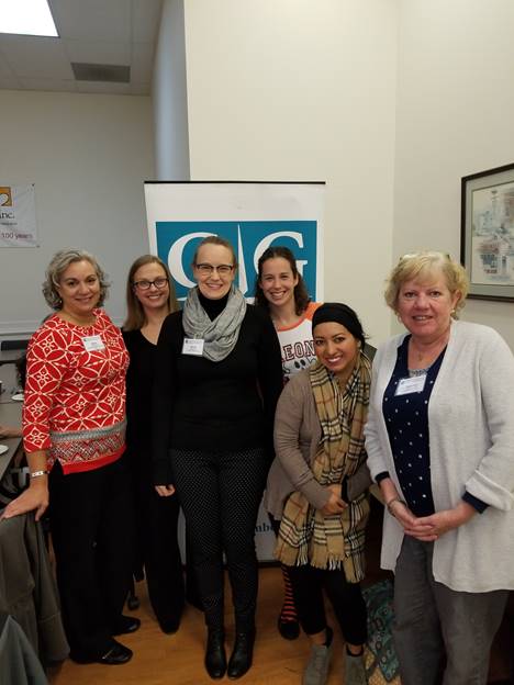 (l:r) Molly Callaway, Director, Montgomery County Volunteer Center; Paula Ross, Director & Gaithersburg-Germantown Board Member, Metropolitan Ballet Theatre and Academy; Sarah Burnett, Director of Corporate Engagement Programs, Leadership Montgomery; Erica Henze, Marketing Assistant, Family Services, Inc.; Karla Contreras, City of Gaithersburg Community Services Division; and Maureen Herndon, Community Services Division Manager, City of Gaithersburg at the Gaithersburg-Germantown Chamber Non-Profit Forum on Volunteerism at Family Services on October 31, 2017. (photo credit: Laura Rowles, GGCC Director of Events & Marketing)