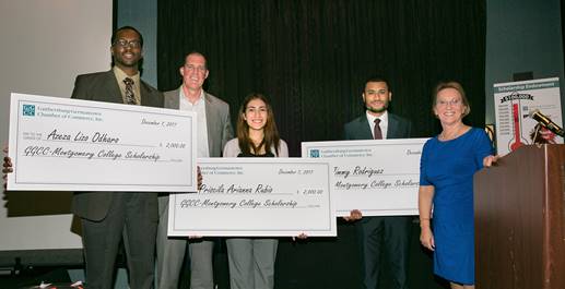 (l:r) Azeza Odharo, Montgomery College student; Rubio Mike Knapp, Chair of the Board of Trustees, Montgomery College; Priscila Rubio Montgomery College student; Jimmy Rodriguez, Montgomery College student; and Marilyn Balcombe, President / CEO, Gaithersburg-Germantown Chamber at the Chamber’s scholarship award presentation, a part of its annual celebration dinner held on December 7. The Chamber awarded $6,000 in scholarships and reached its $100,000 endowment goal. (Photo Credit: Julie Kim)