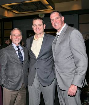 (l:r) Jim Muir, Vice President, Hughes Network Systems, LLC; Barry Cooper, Controller, Sr VP EchoStar; and Mike Knapp, Chair of the Board of Trustees, Montgomery College at the Gaithersburg-Germantown Chamber Celebration Dinner on December 7. Muir manages donations yearly from Chamber Members and past chairs who step up every year and make individual and in some cases personal donations. (Photo Credit: Julie Kim)